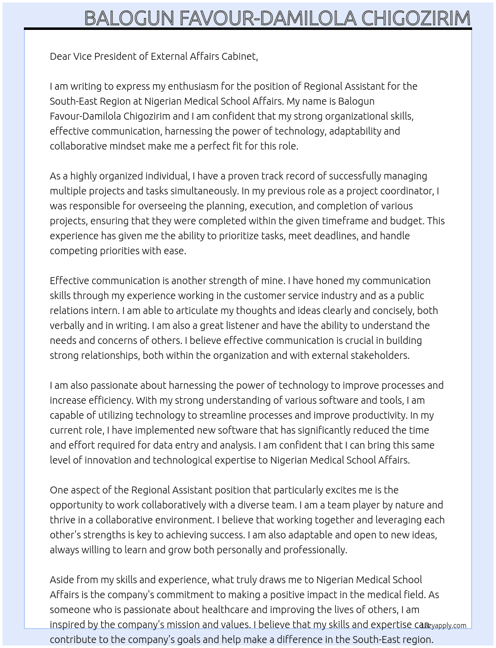 Position of the Regional Assistant for the South-East Region At Nigerian Medical School Affairs. Cover Letter