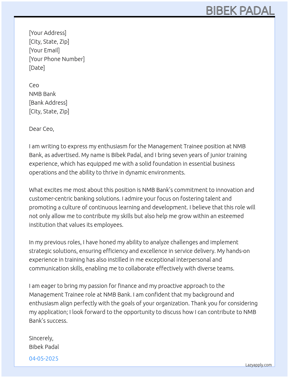 Management trainee  At Nmb bank Cover Letter