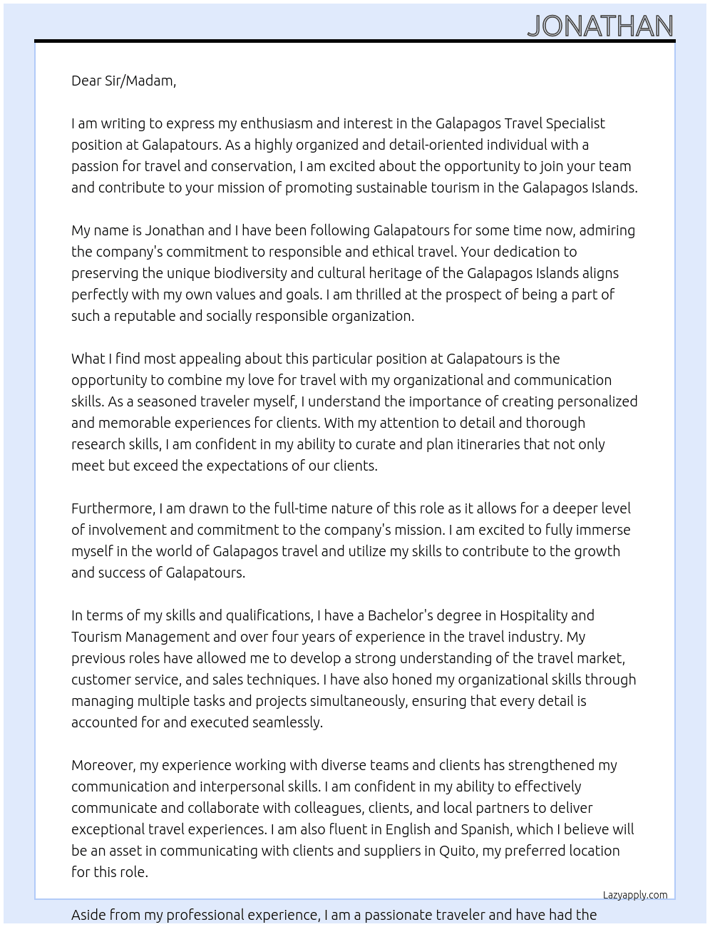 Galapagos Travel Specialist At Galapatours Cover Letter