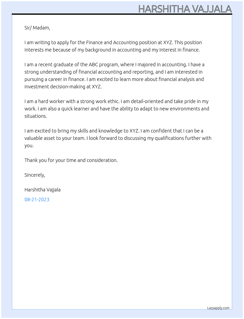 Finance and Accounting At XYZ Cover Letter