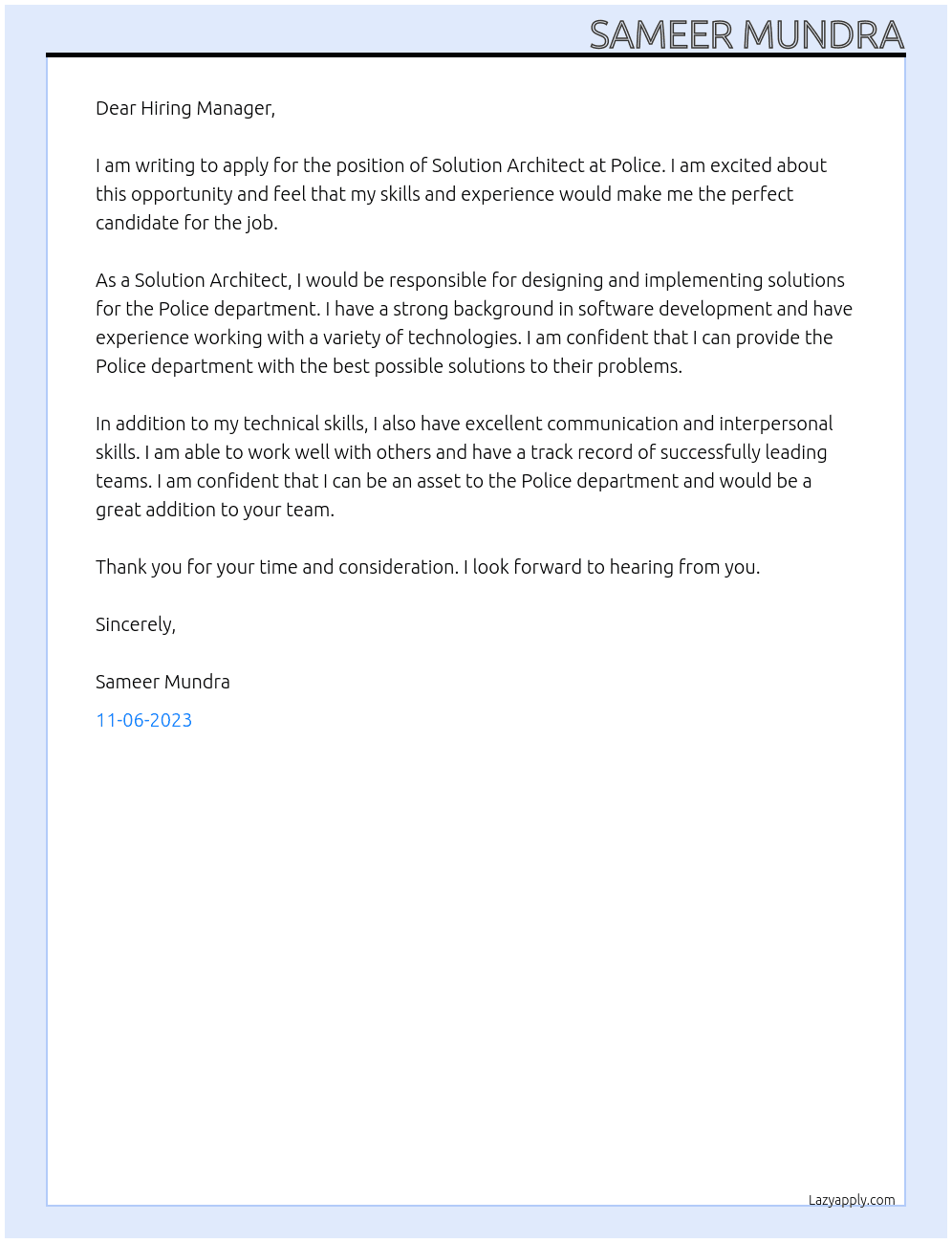 Solution Architect At Police Cover Letter