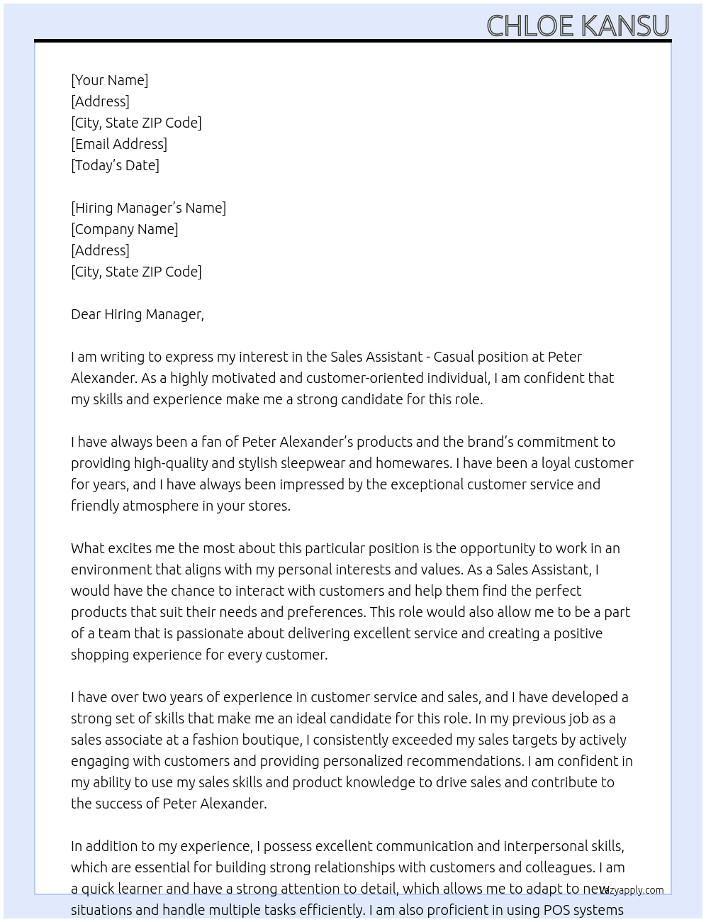 Sales Assistant - Casual At Peter Alexander Cover Letter