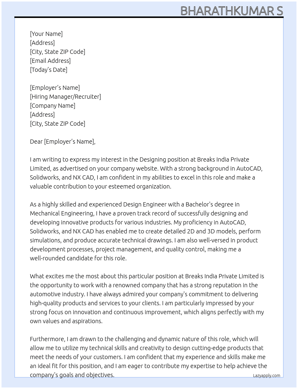 Designing At Breaks India Private Limited Cover Letter