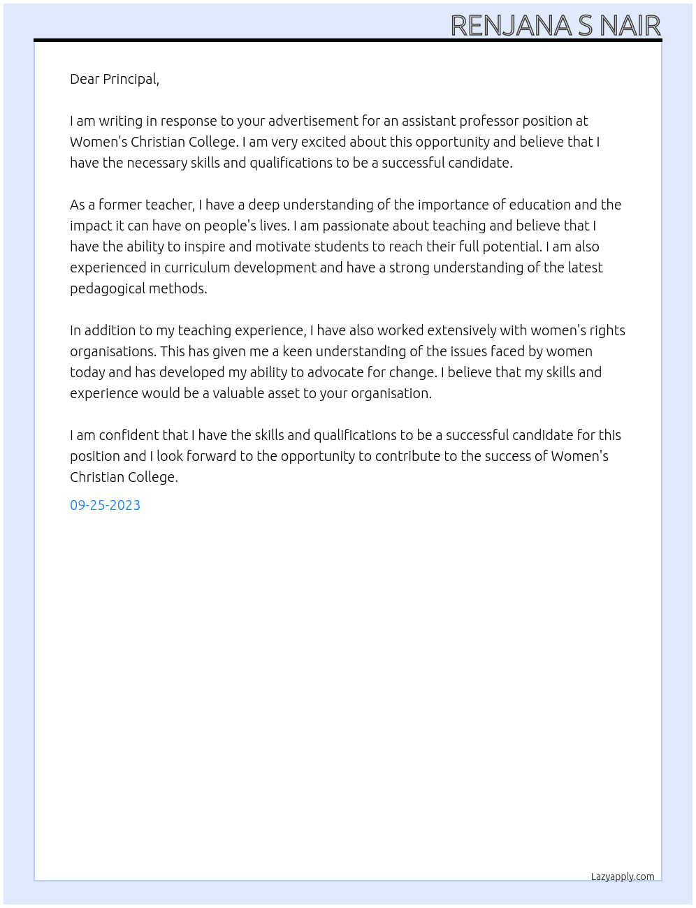 Assistant professor At Womens Christian College  Cover Letter