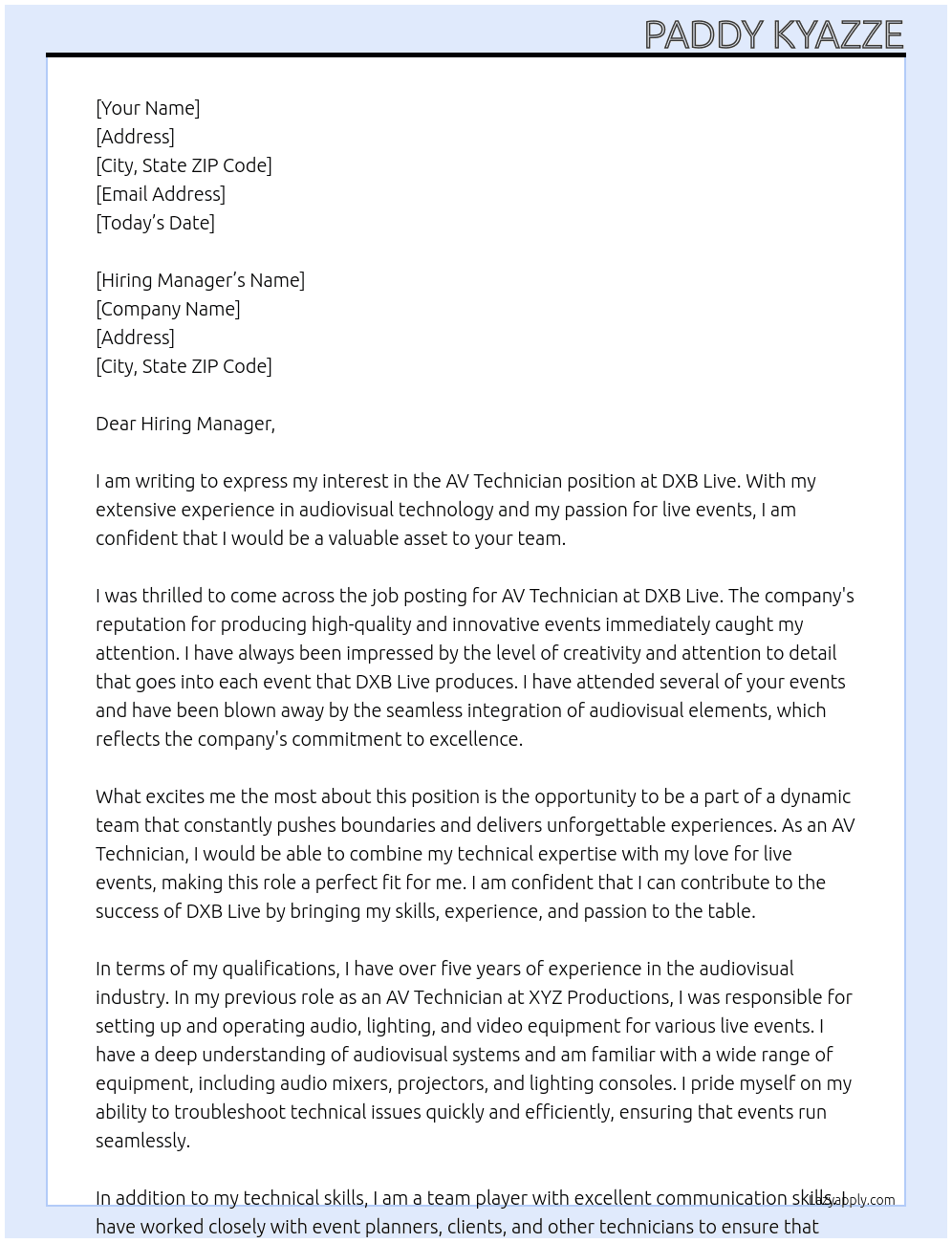 av technician  At DXB live Cover Letter