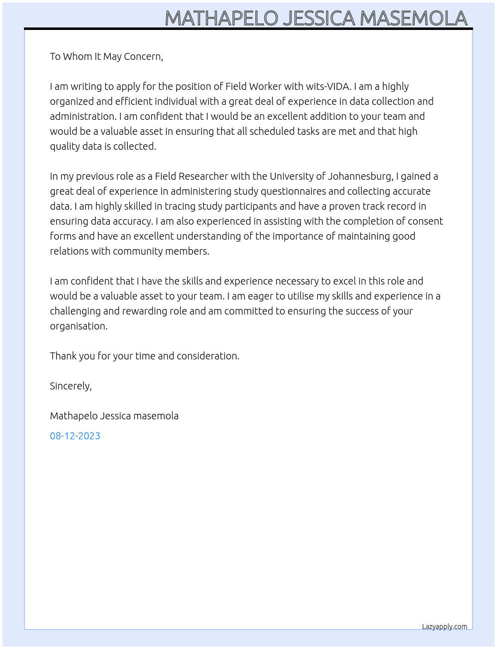 field worker  At wits-VIDA Cover Letter