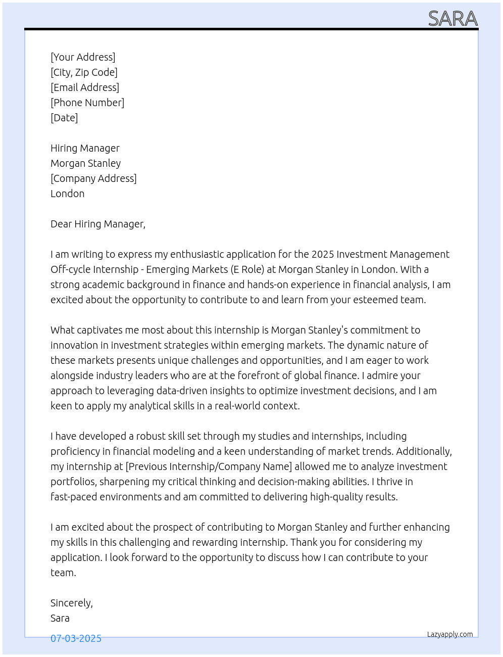 Application For 2025 Investment Management Off-cycle Internship - Emerging Markets (London) At morgan stanley Cover Letter