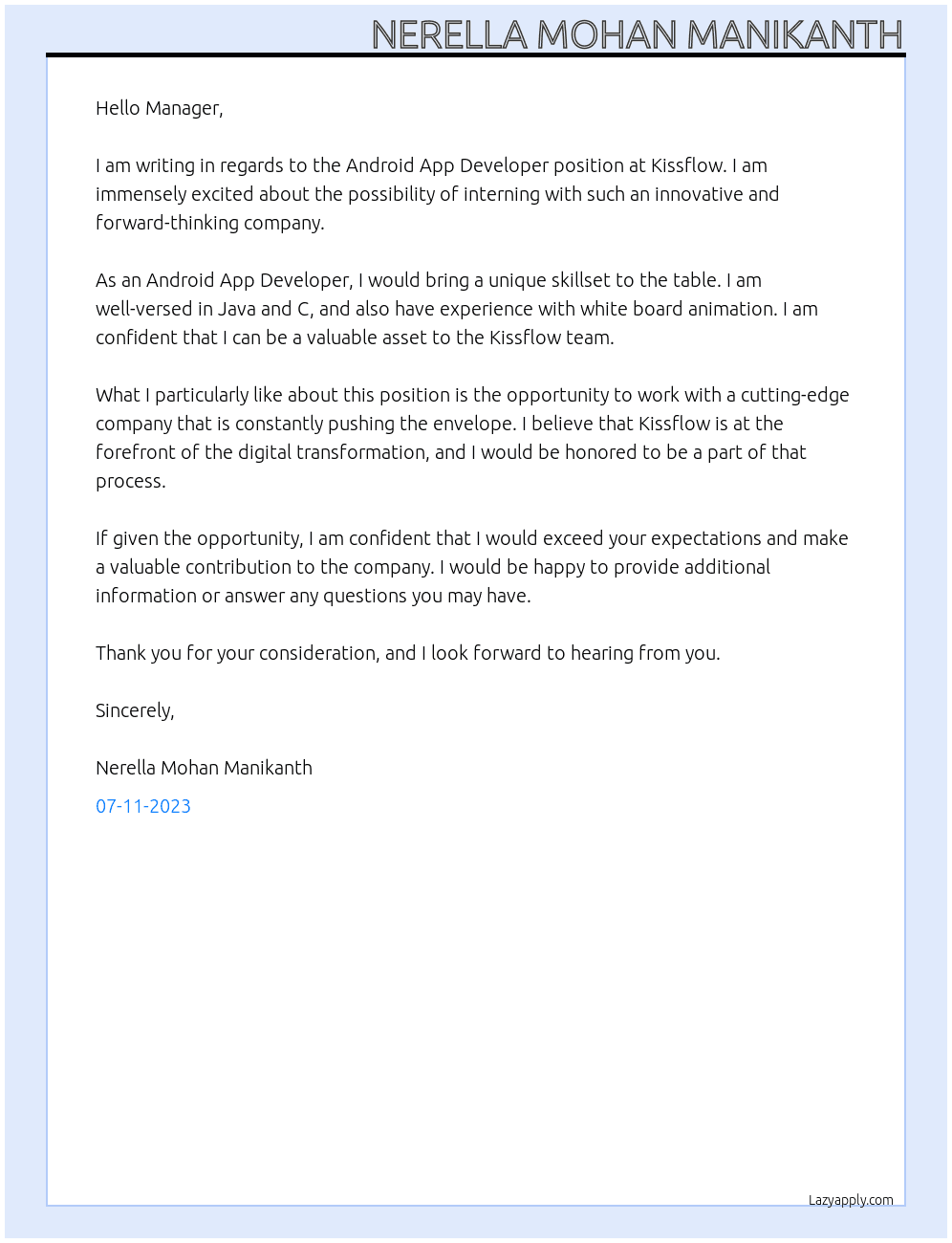 Android app developer At Kissflow  Cover Letter