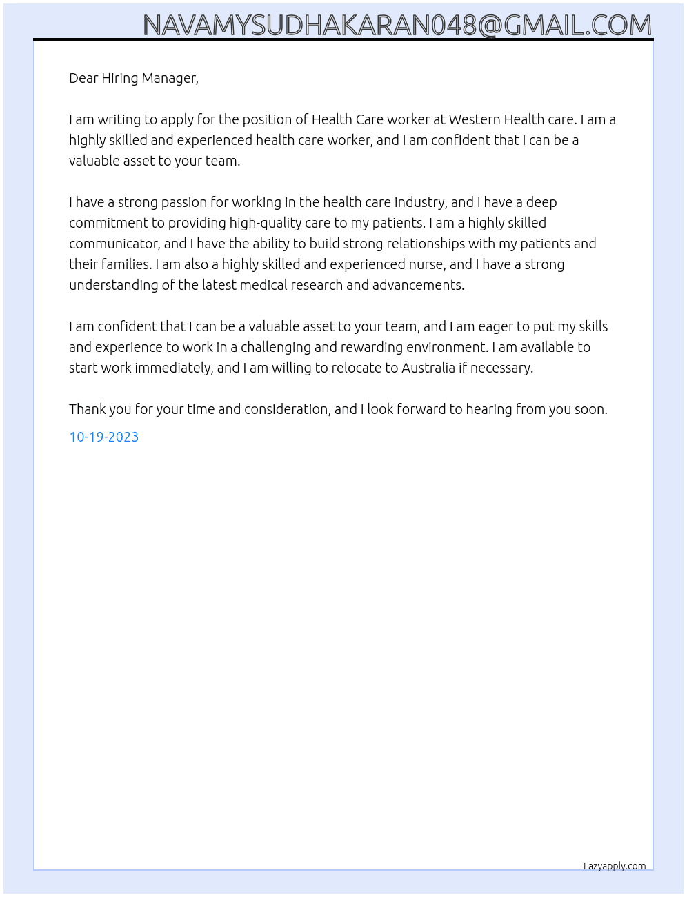 Health care worker At Western Health care Cover Letter