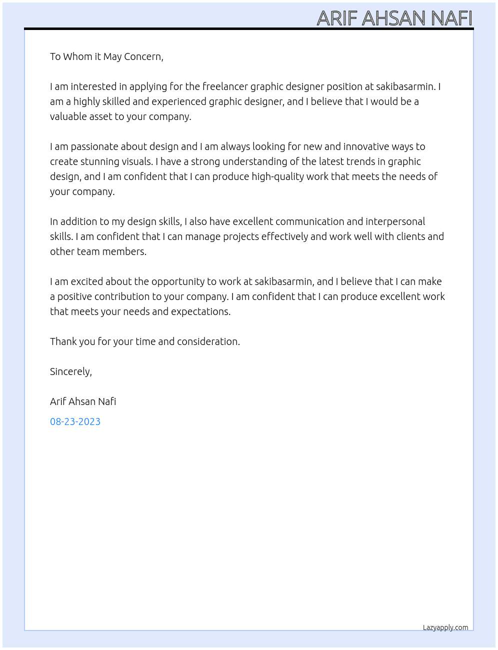 freelancer as a graphic designer At sakibasarmin Cover Letter