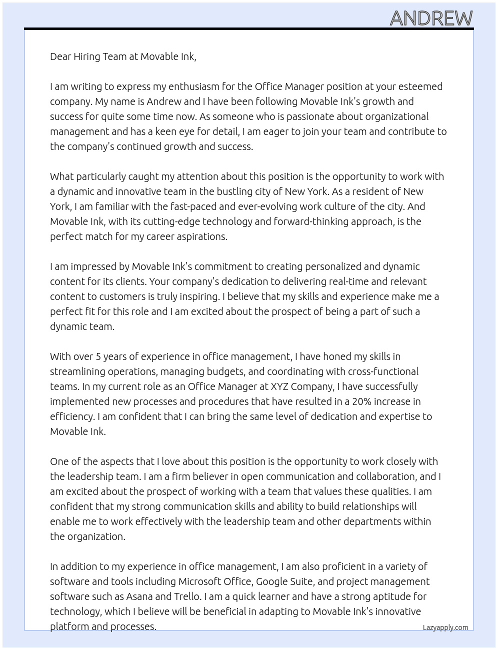 Office Manager At Movable Ink Cover Letter