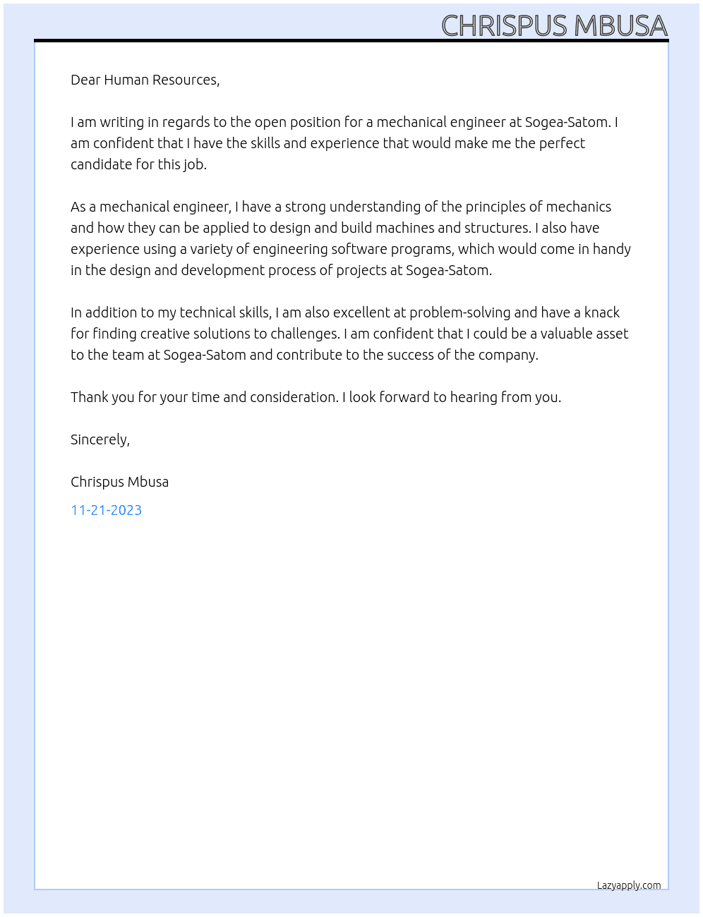 Mechanical Engineer At Sogea- Satom Cover Letter