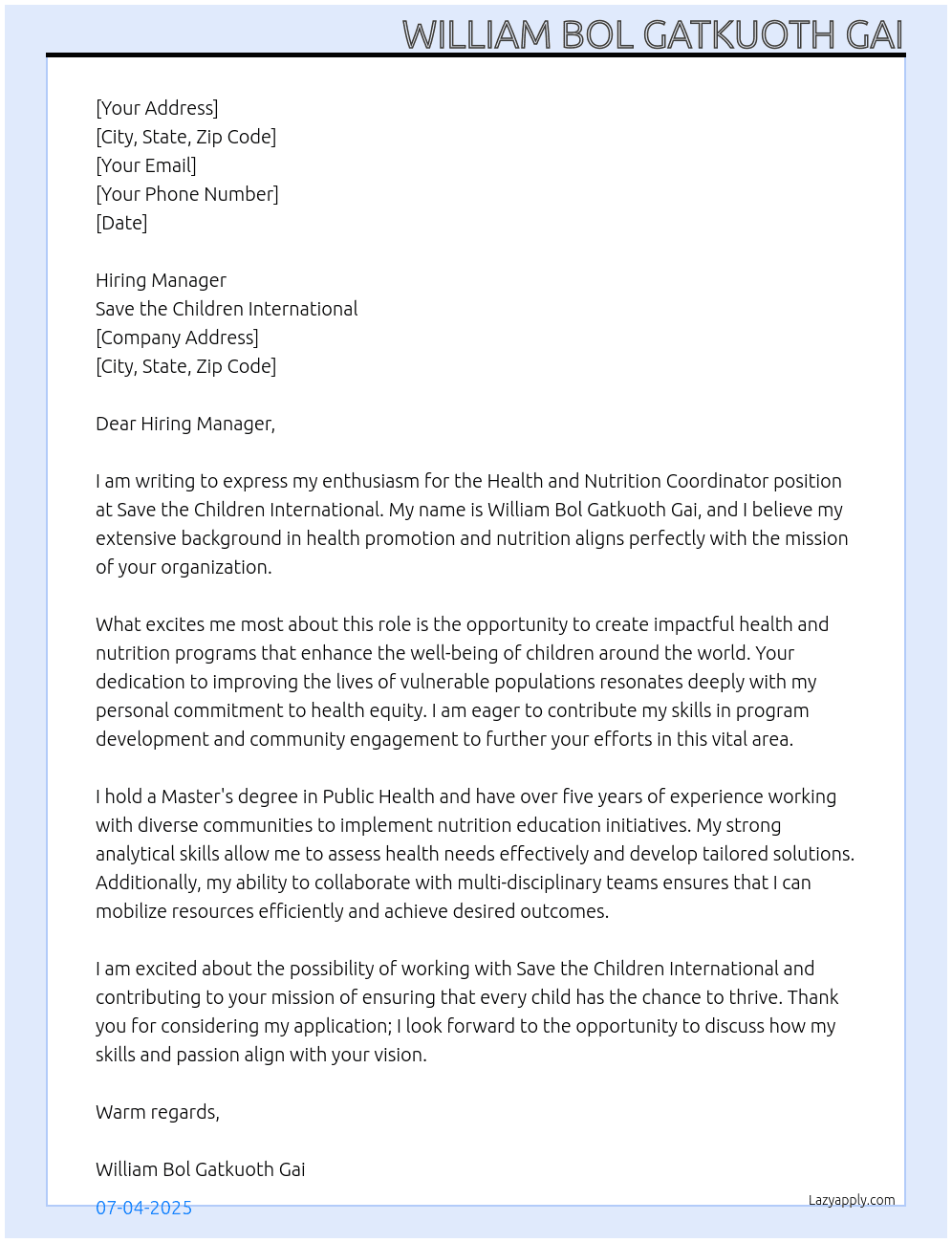 Cover letter for health and nutrition coordinator - LazyApply