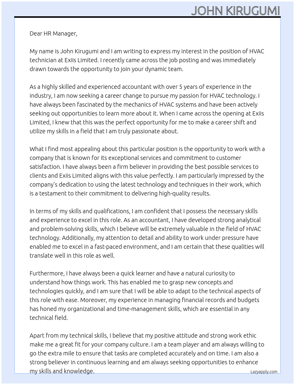 Career change from accounting to HVAC tech At Exiis limited Cover Letter