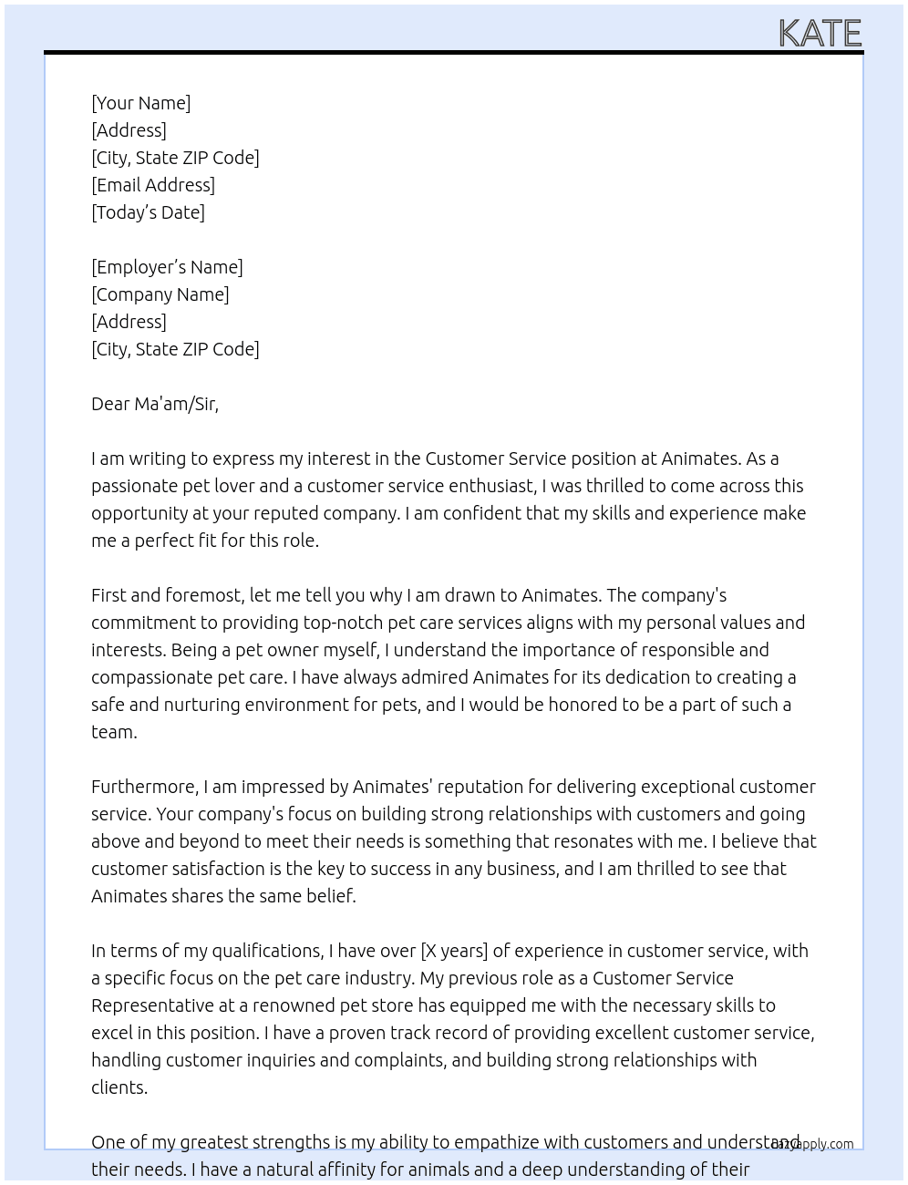 Customer service at pet care At Animates Cover Letter