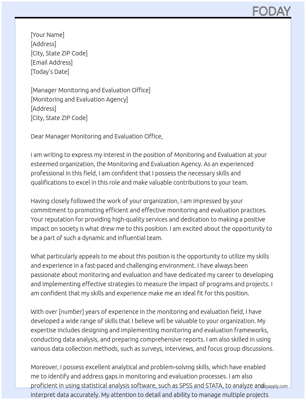 monitoring and evaluation At monitoring and evaluationj agency Cover Letter
