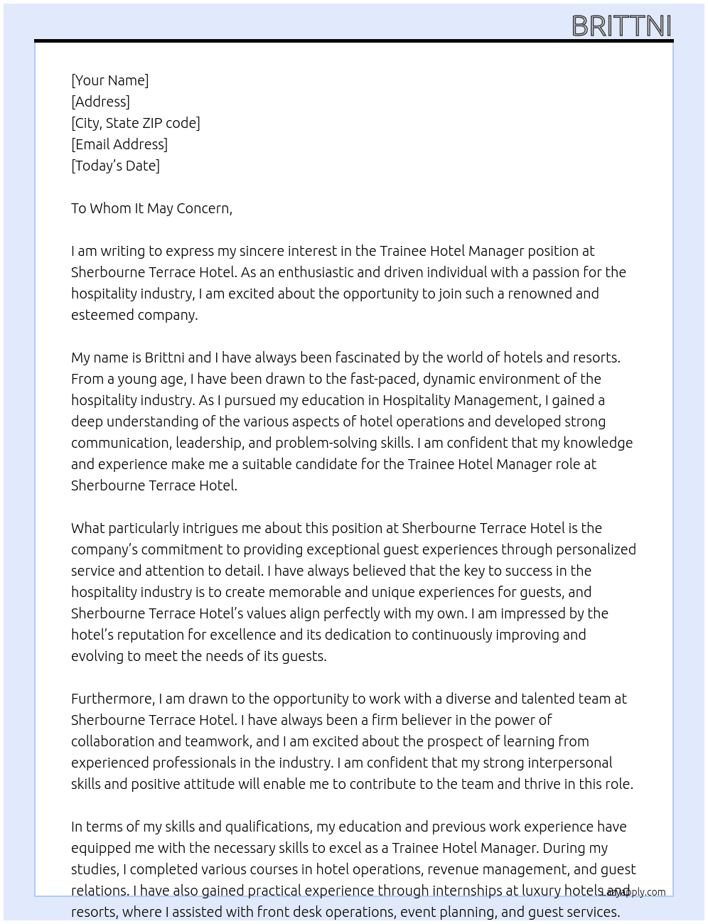 Trainee Hotel Manager At Sherbourne Terrace Hotel Cover Letter