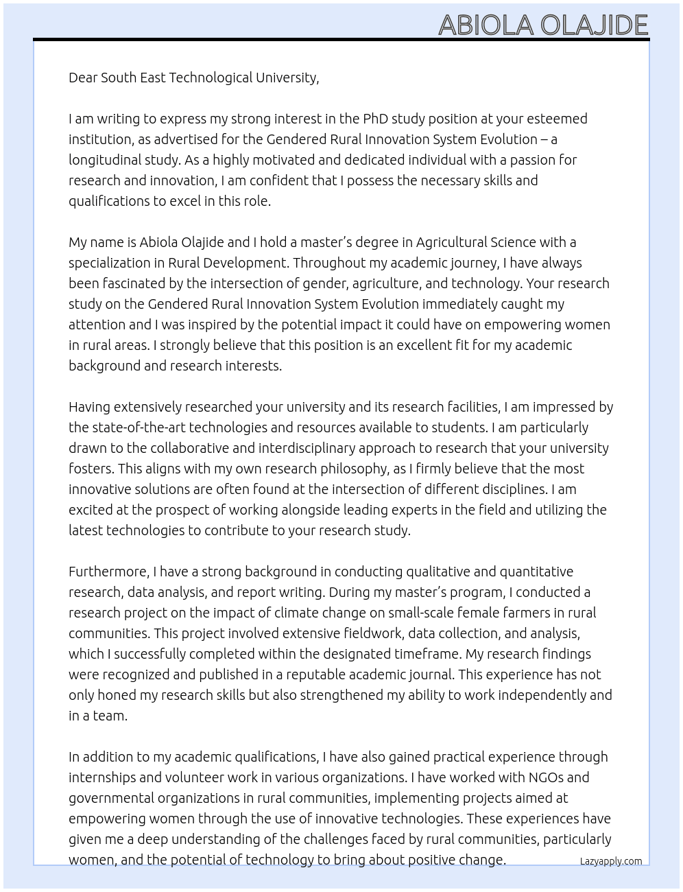 PhD study At Gendered Rural Innovation System Evolution – a longitudinal study Cover Letter