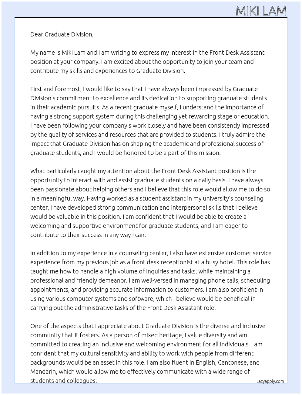 Front Desk Assistant At Graduate Division Cover Letter