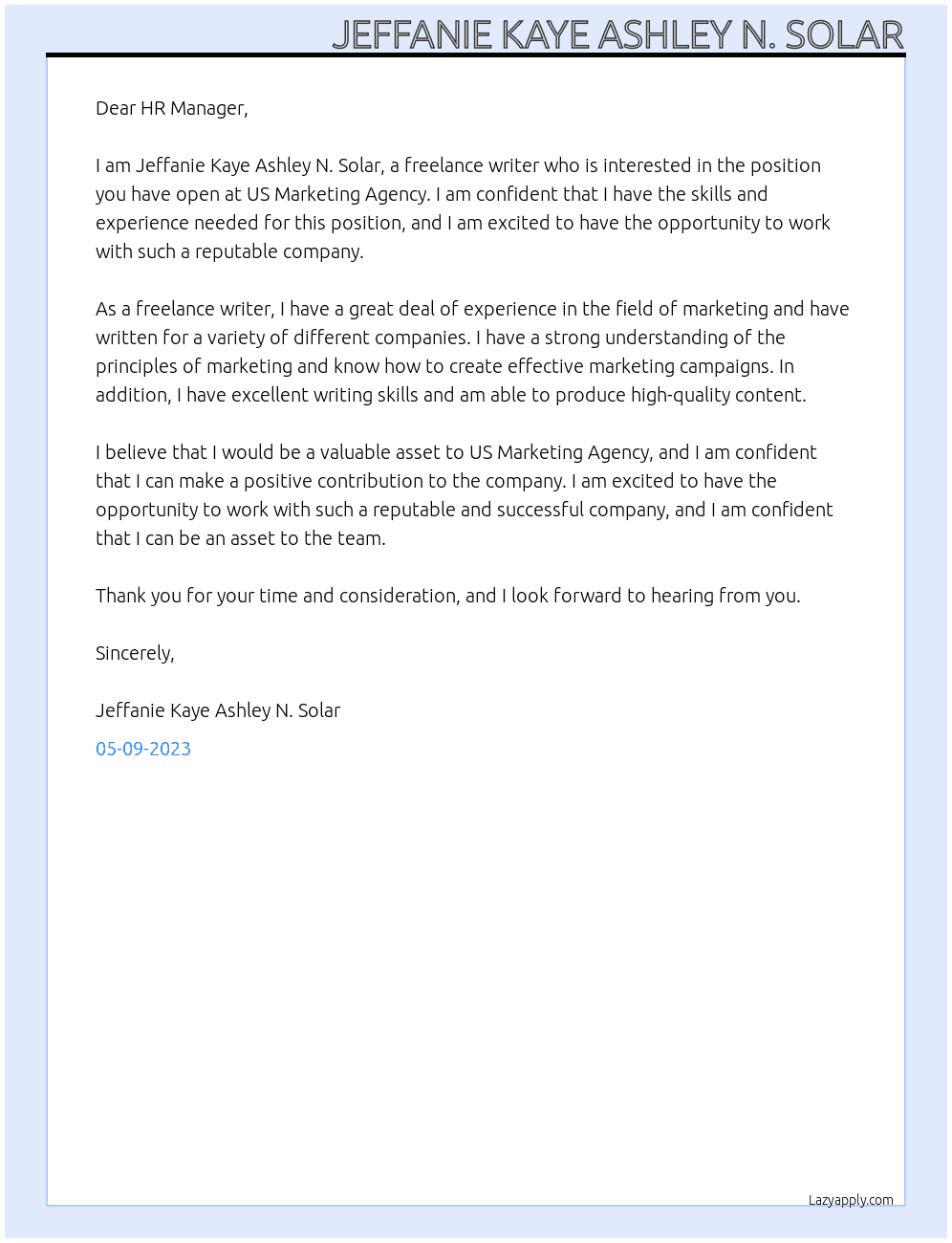 freelance writer At US Marketing Agency Cover Letter