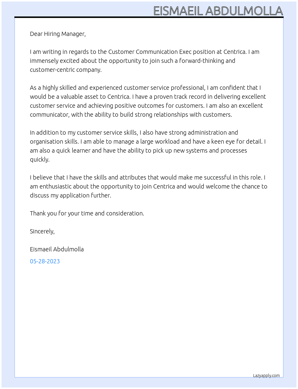 Customer communication  Exec  At Centrica  Cover Letter