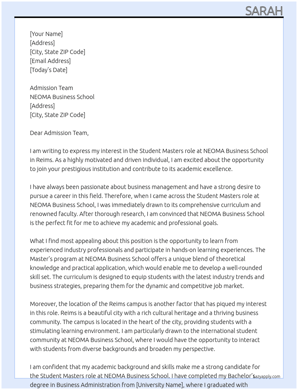 Student At NEOMA Business School Cover Letter