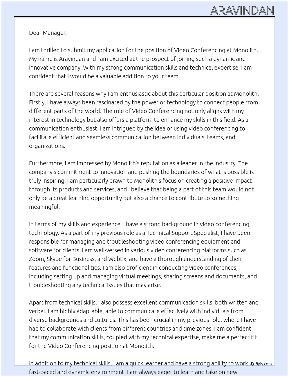Video conferencing  At Monolith Cover Letter
