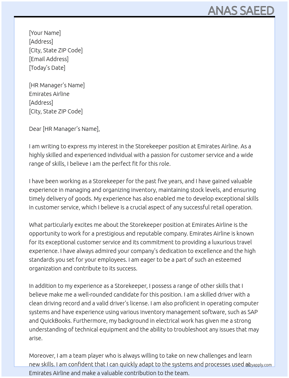 Store keeper At Emirates Air line Cover Letter