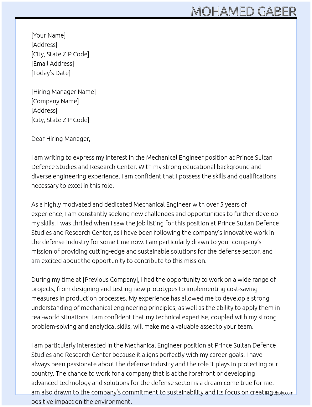 Mechanical Engineer At Prince Sultan Defence Studies and Research Center Cover Letter