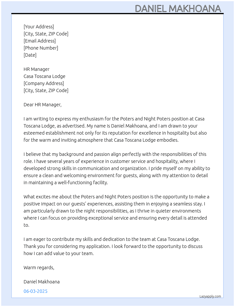 POTERS AND NIGHT POTERS  At CASA TOSCANA LODGE Cover Letter