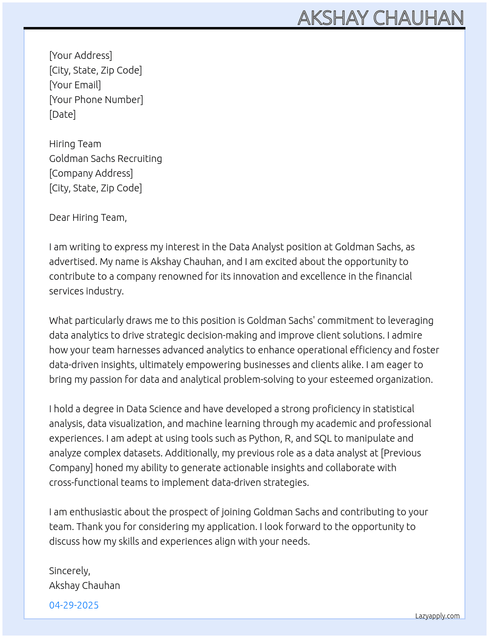 Data analyst At Goldman Sachs recruiting Cover Letter