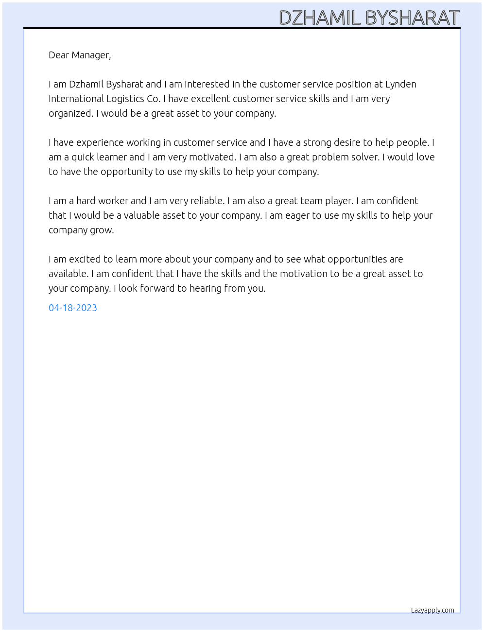 customer service  At Lynden International Logistics Co Cover Letter