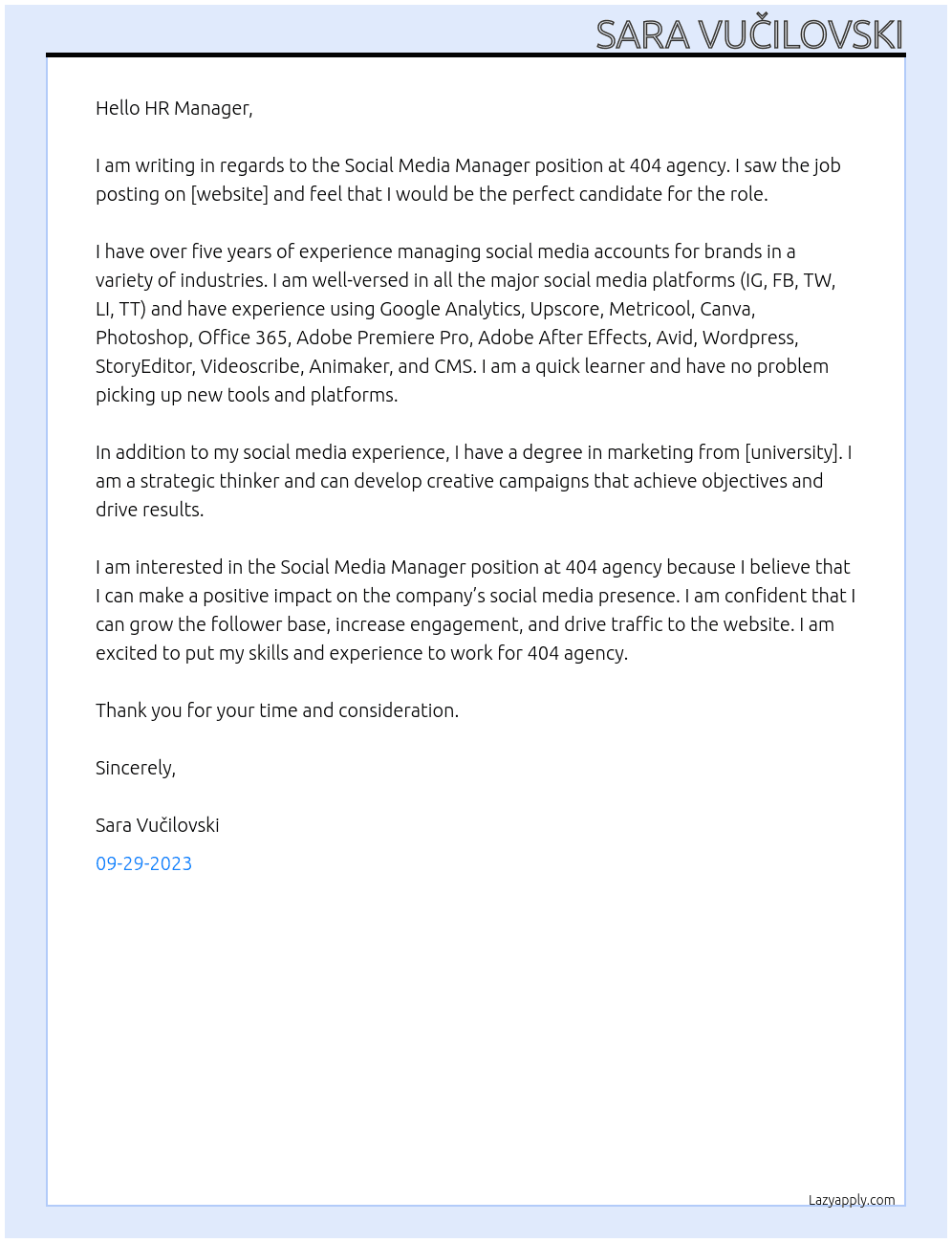 Social Media Manager  At 404 agency Cover Letter