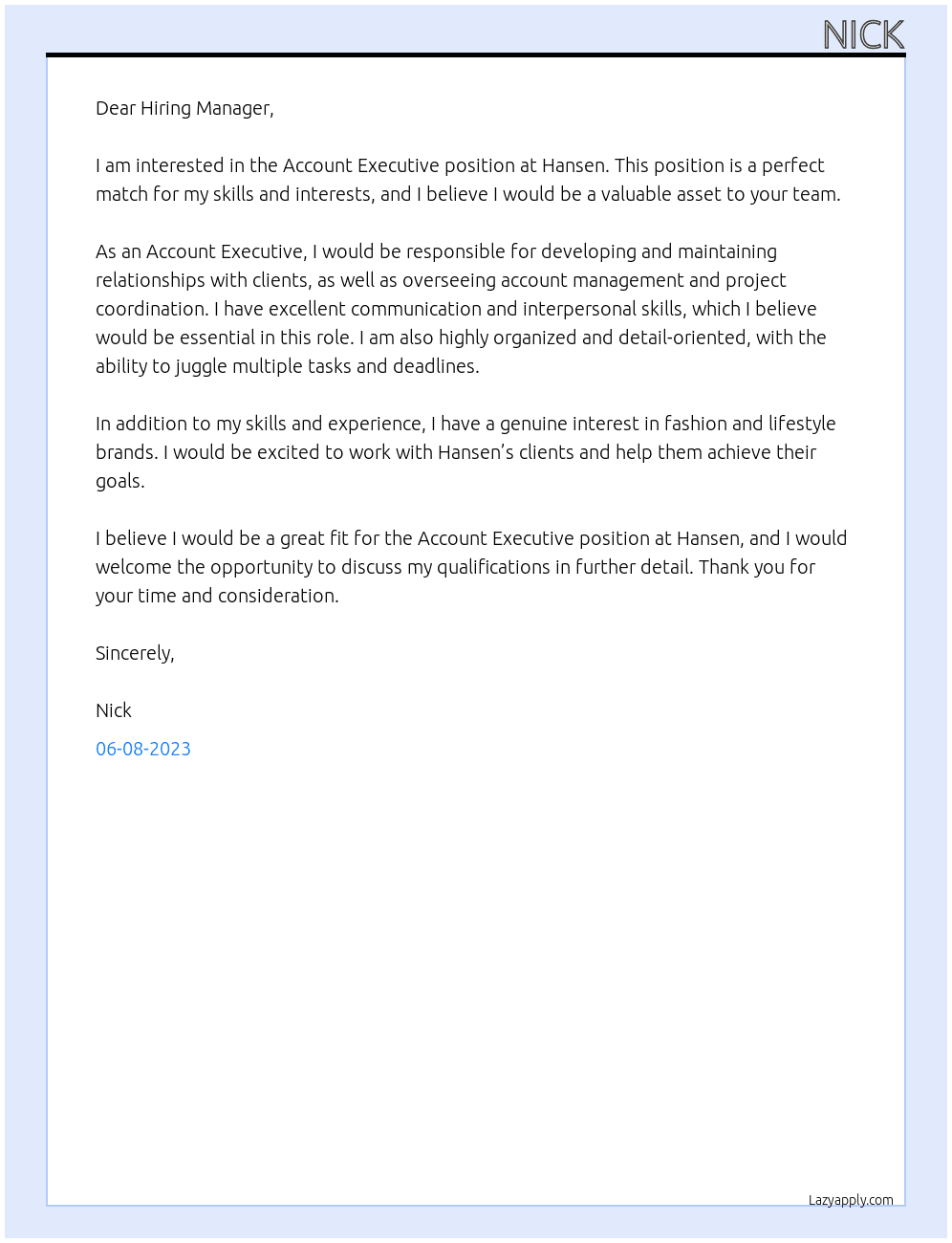 Account Executive At Hansen Cover Letter