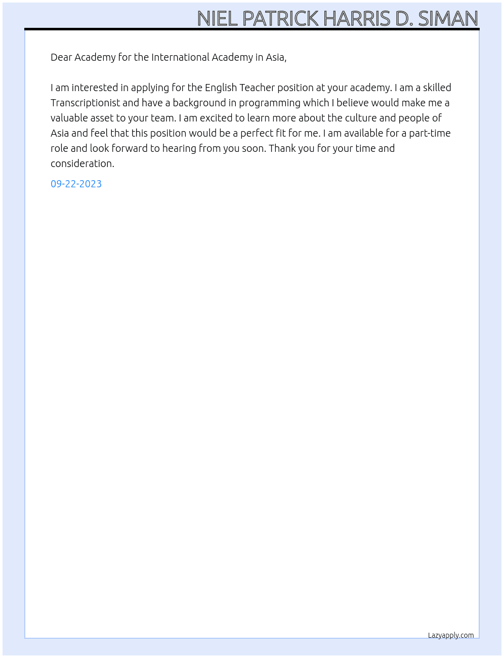 English Teacher At Academy for the International Academy in Asia Cover Letter