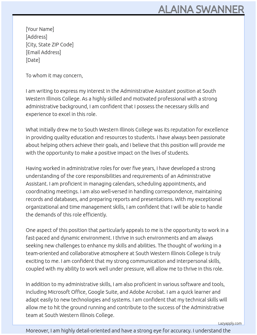 Administrative Assistant  At South Western Illinois College Cover Letter