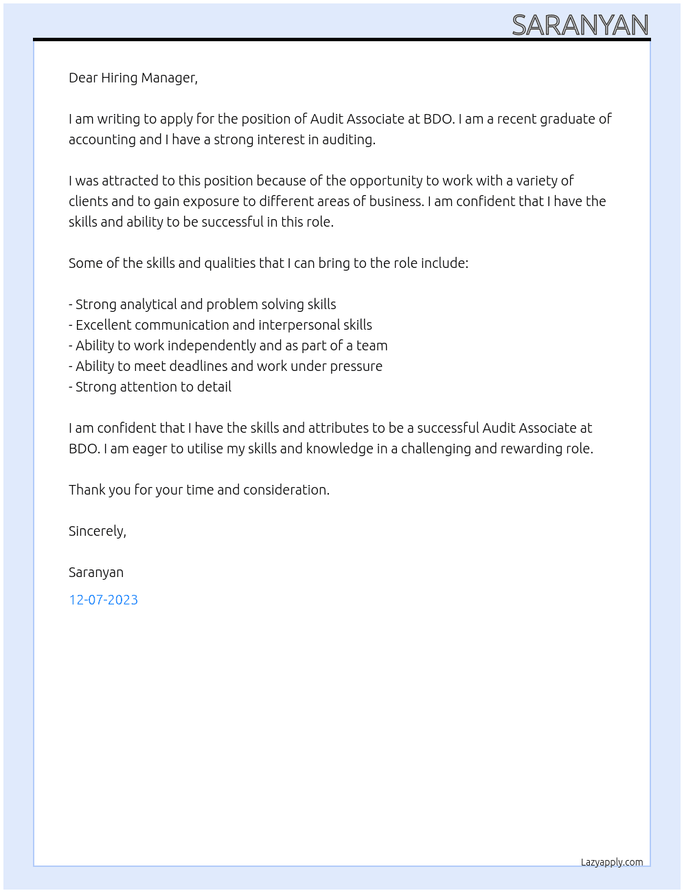 Audit Associate At BDO Cover Letter