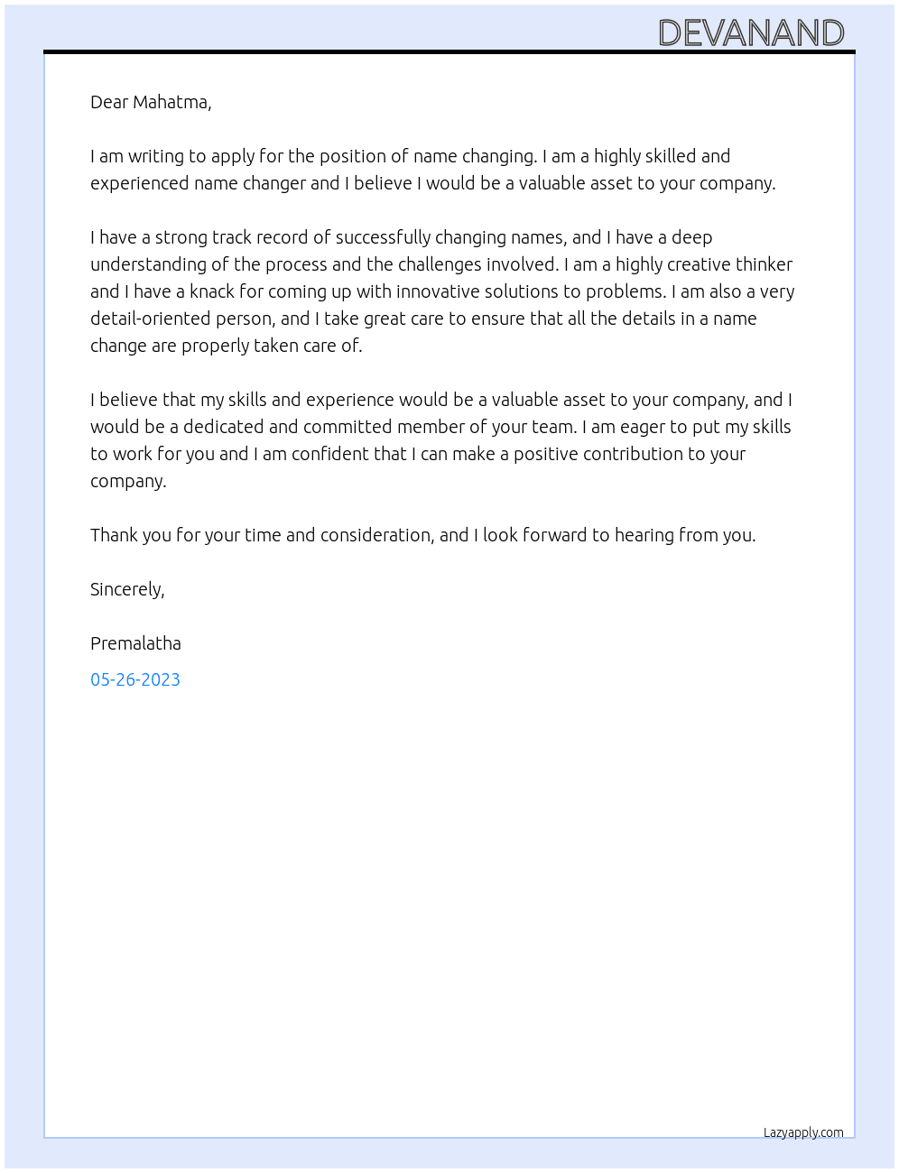 Name changing At Mahatma Cover Letter