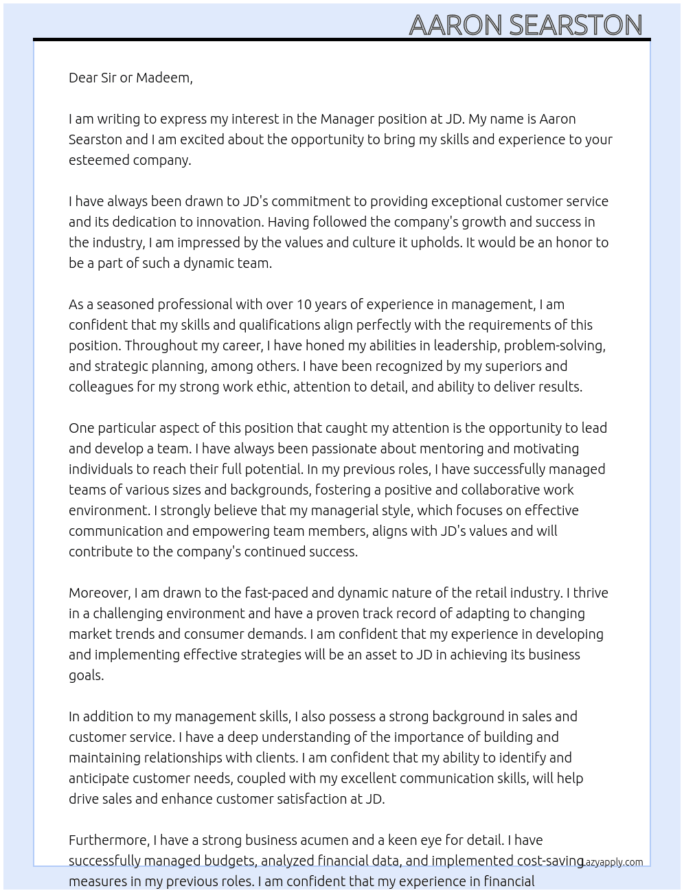 Manager  At Jd Cover Letter