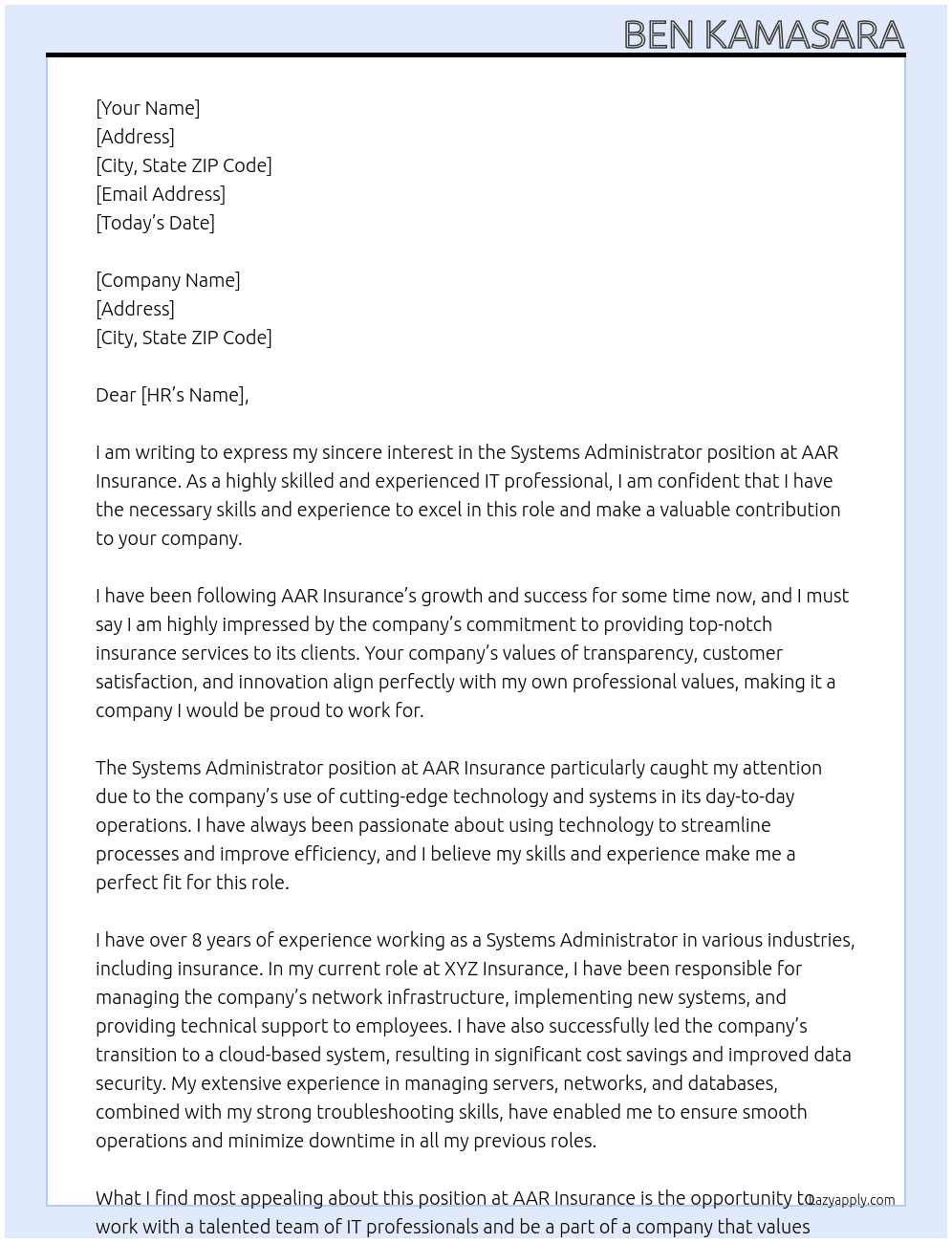 systems administrator At AAR INSUARANCE Cover Letter