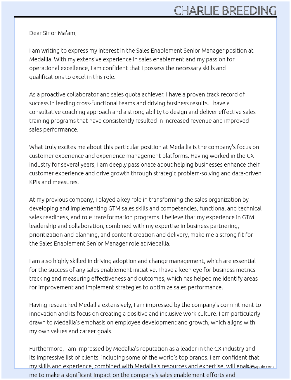 Sales Enablement Senior Manager At Medallia Cover Letter