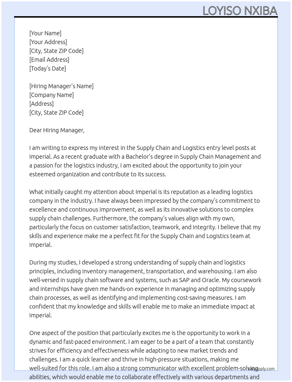 Supply chain and logistics entry level posts  At Imperial Cover Letter