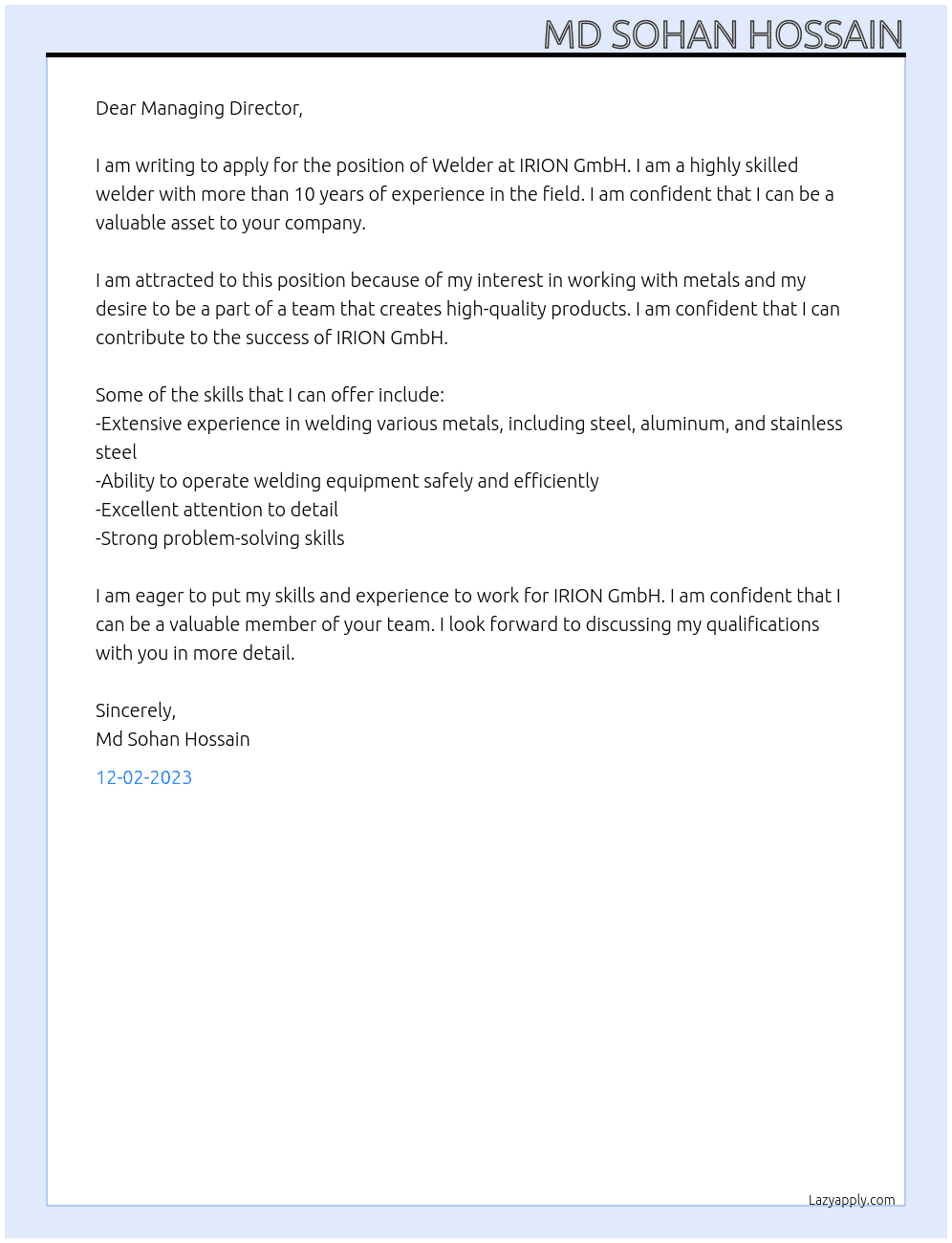 Welder  At IRION GmbH Cover Letter