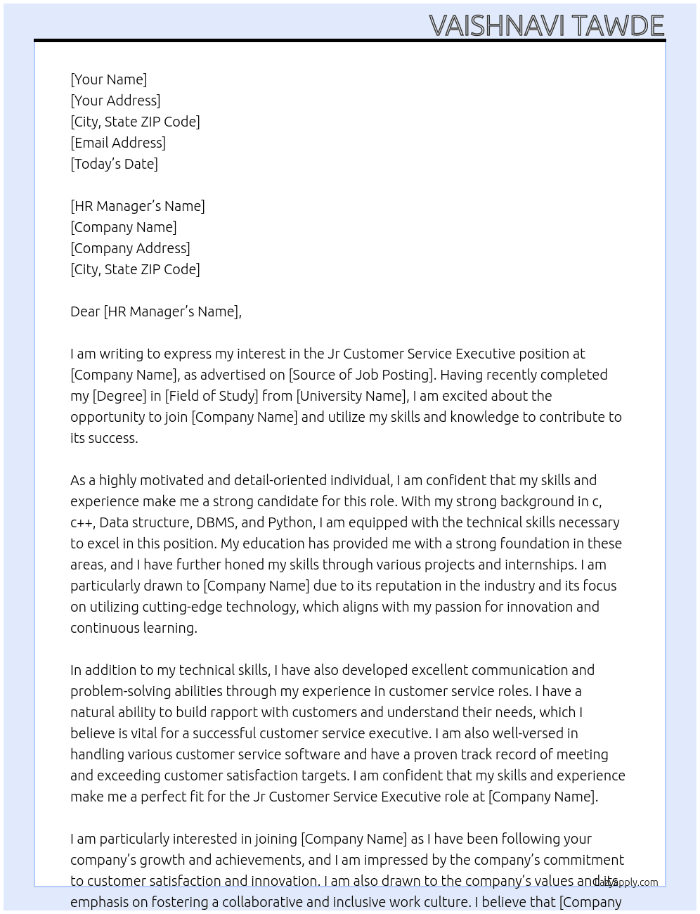 Jr Customer Service Executive At TCL Cover Letter
