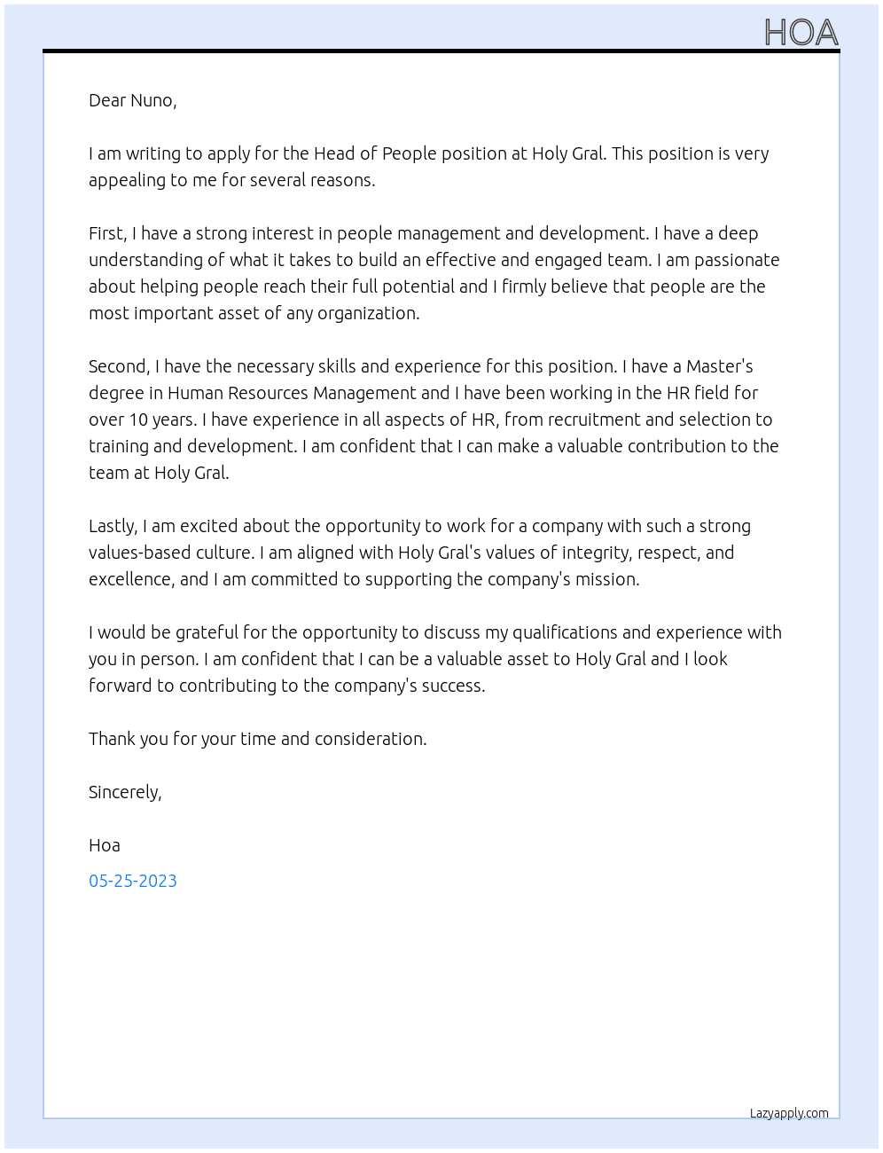Head of People At Holy Gral Cover Letter