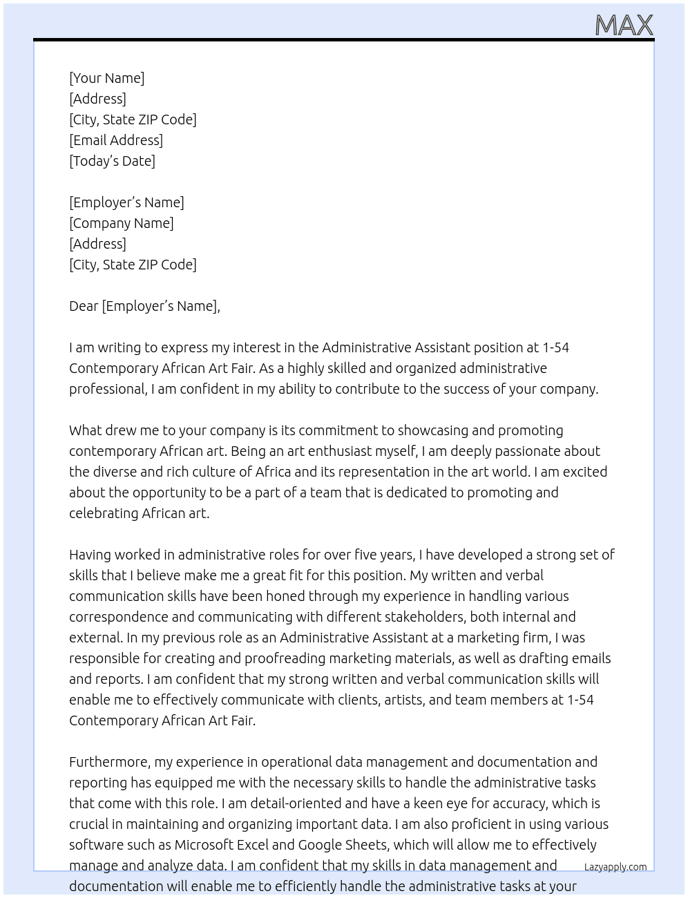 Administrative Assistant At 1-54 Contemporary African Art Fair Cover Letter