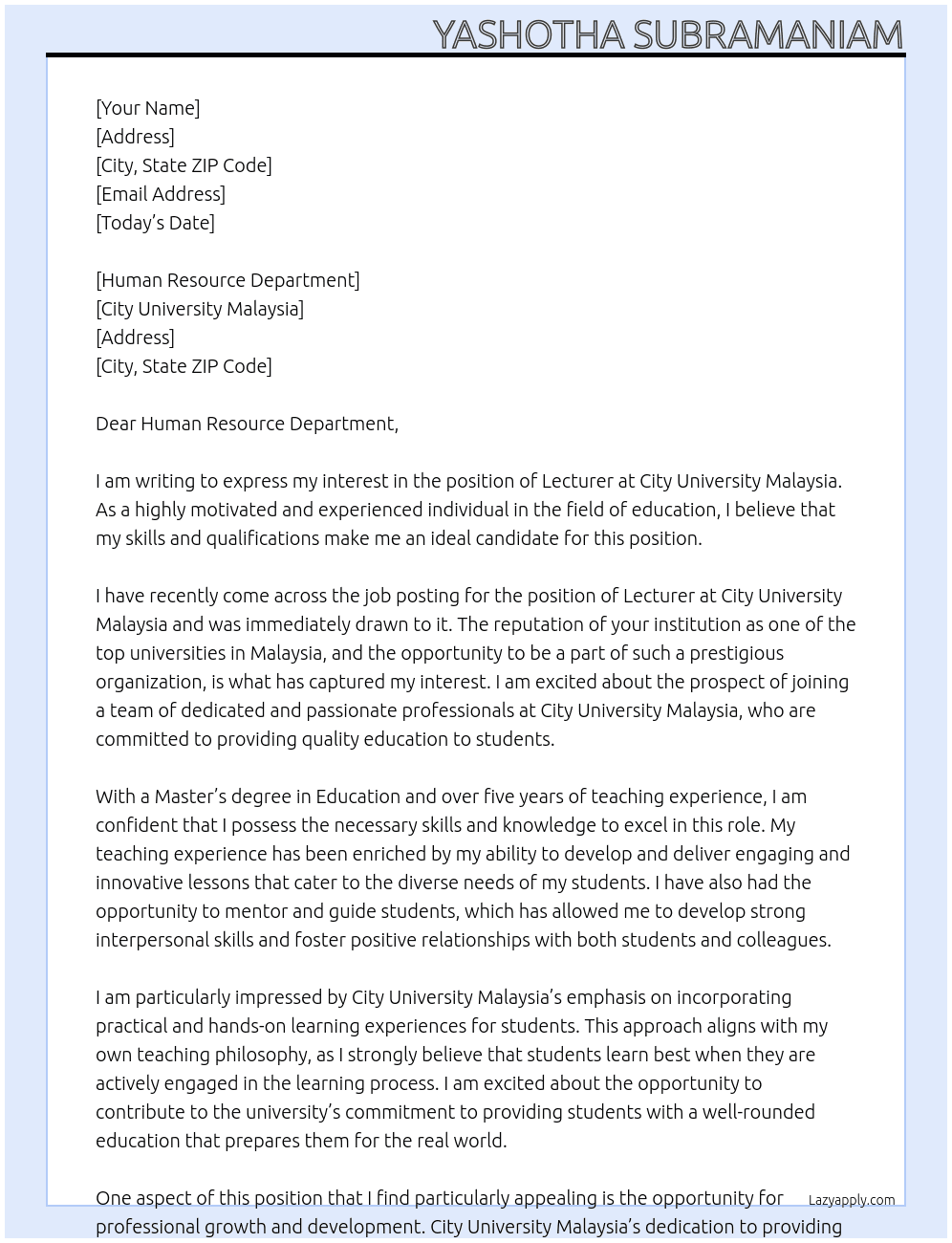 lecturer At City University Malaysia Cover Letter