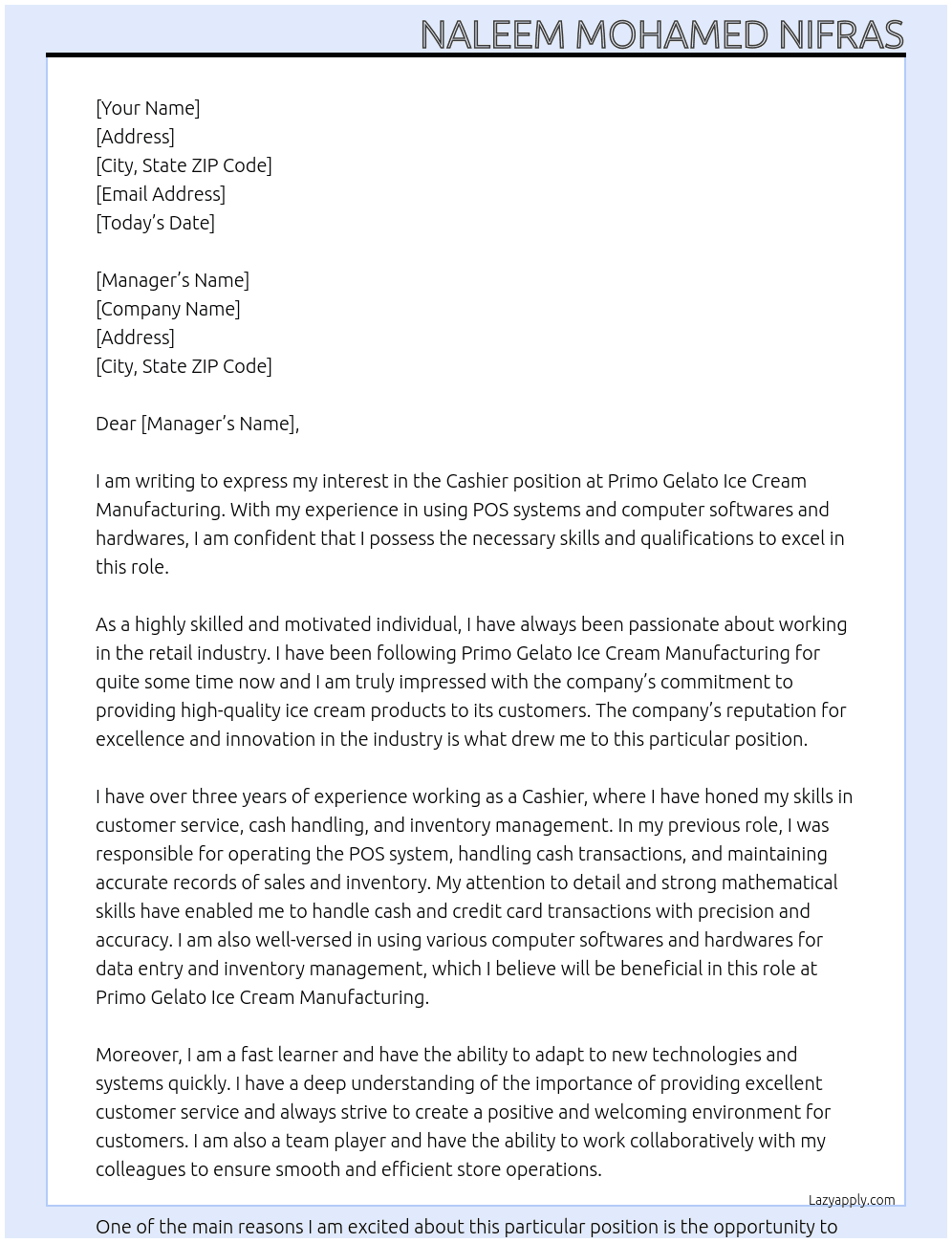 cashier At Primo Gelato Ice Cream Manufacturing Cover Letter