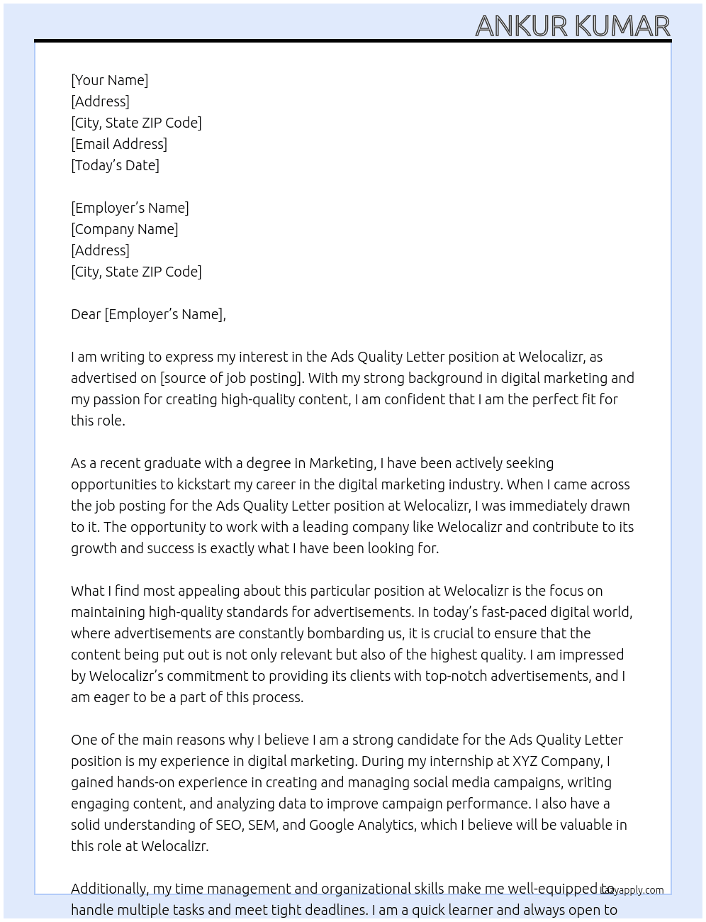 Ads quality letter At Welocalizr Cover Letter