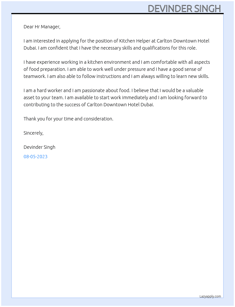 KITCHEN HELPER  At Carlton Downtown Hotel Dubai Cover Letter